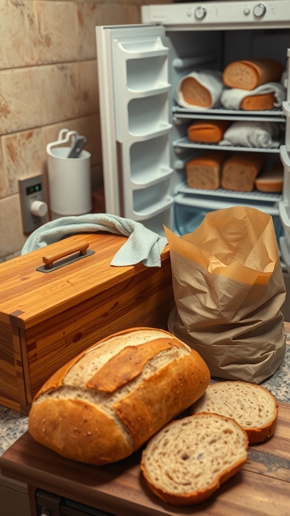 Homemade Bread Storage Ideas Different storage methods for homemade bread including a bread box, paper bag, and wrapped slices in a freezer.